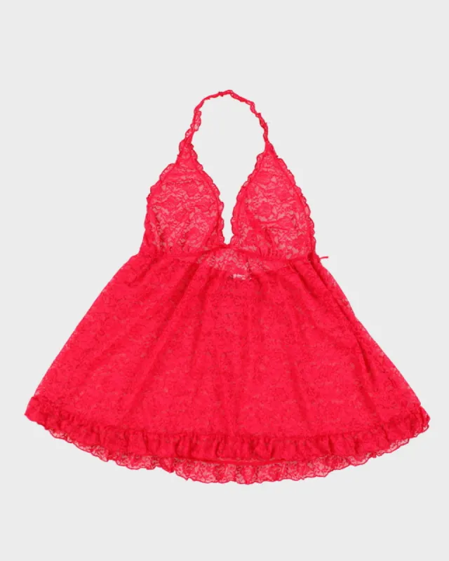 00s Y2k Pink Lace Halter Lingerie Top - L sold by Rokit