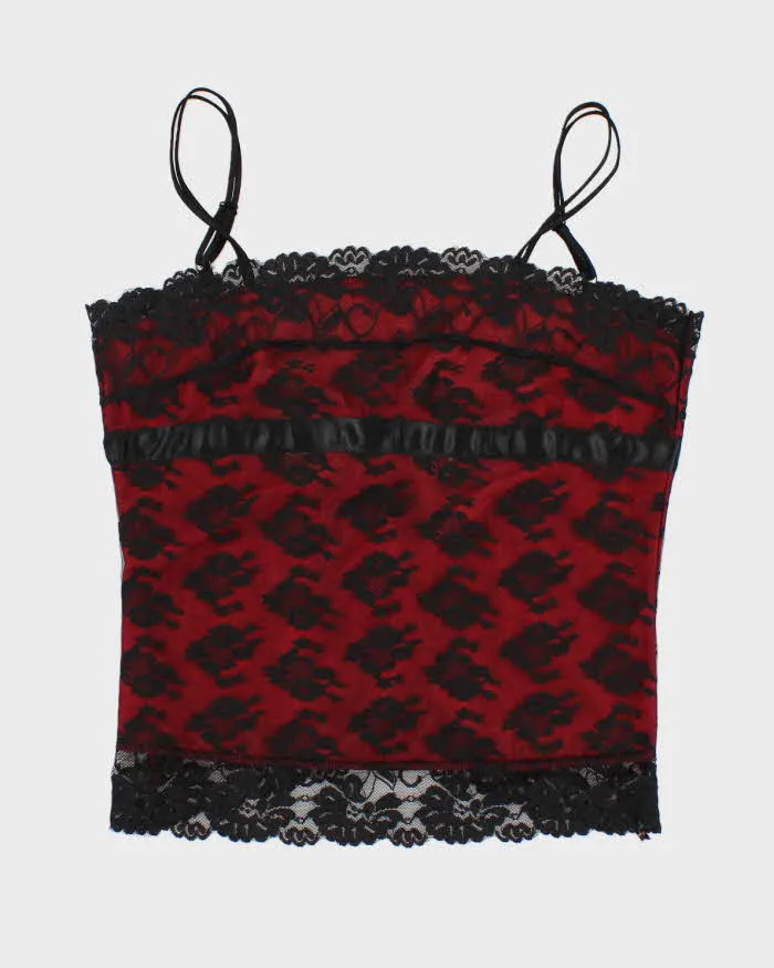 Y2k 00s Sentiments Red & Black Lace Top - L sold by Rokit