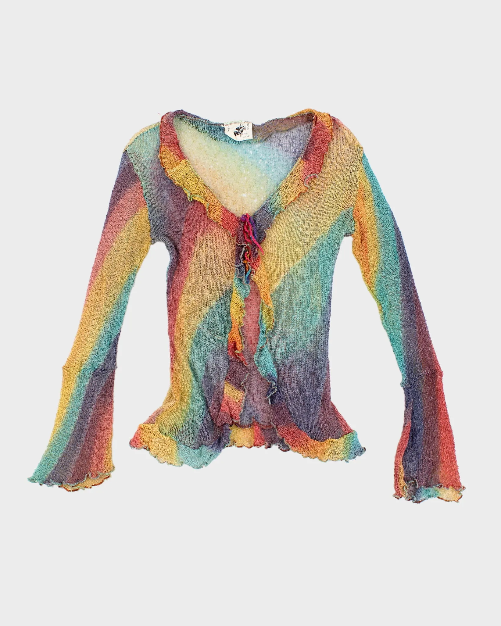 Womens Rainbow Frilly Crochet Front Tie Art Blouse - S sold by Rokit