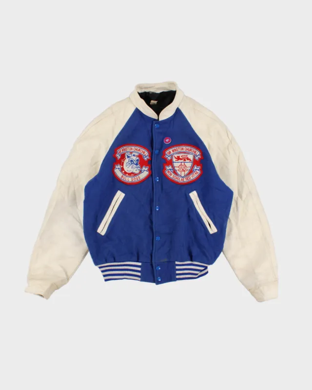 Mens Vintage Leather and Wool Blue and White Patch Bomber Jacket - M sold by Rokit
