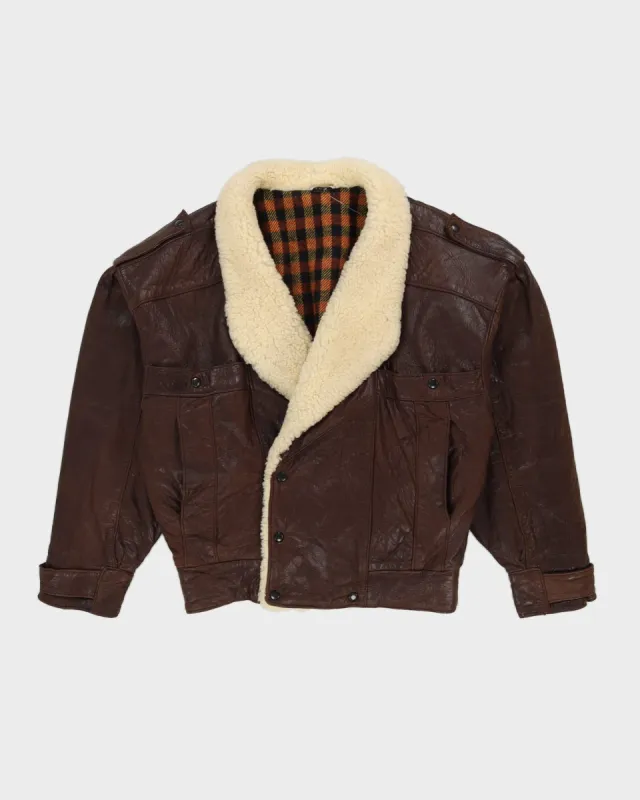 Brown Leather Sheepskin Collar Bomber Jacket - M sold by Rokit