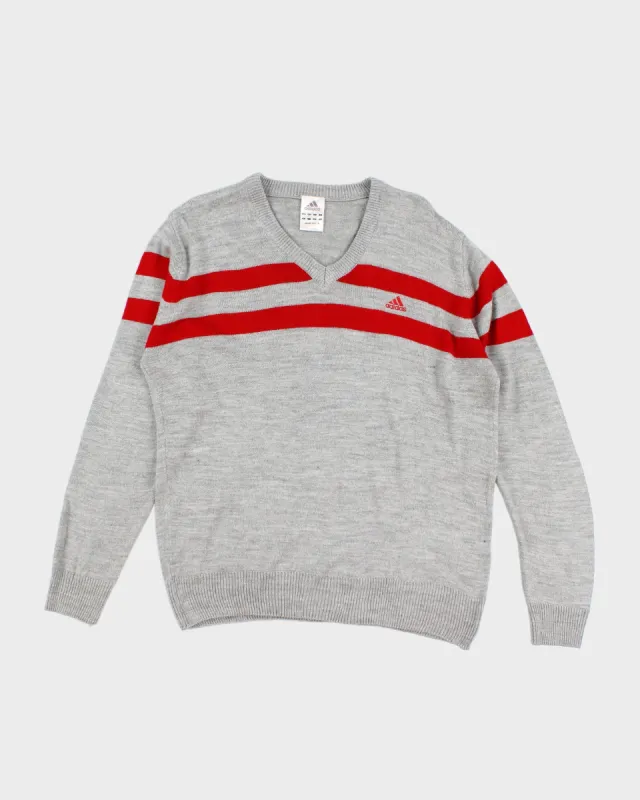 Mens Grey and Red Adidas V-Neck Jumper - M sold by Rokit
