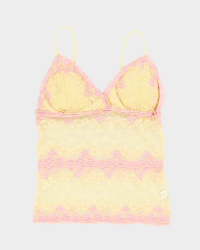 Y2k 00s Mesh Yellow And Pink Lace Cami - S sold by Rokit