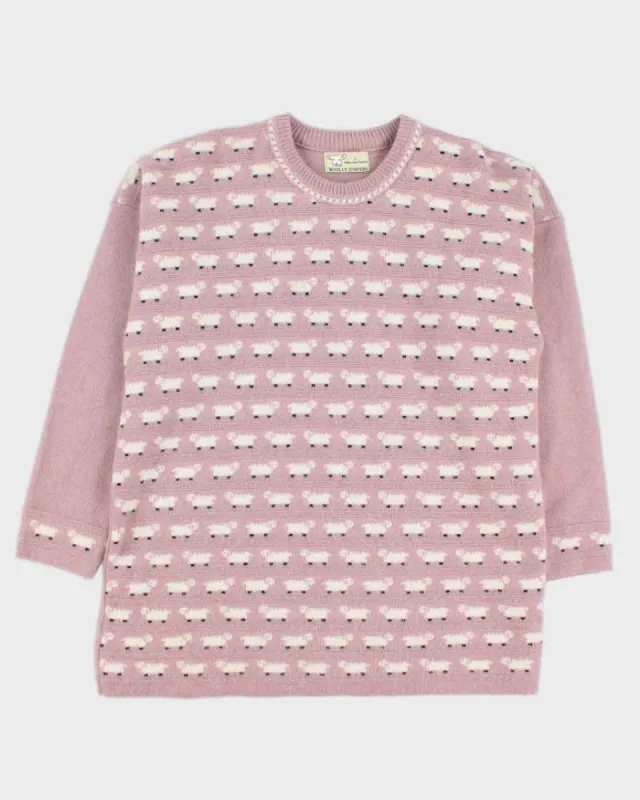 Vintage Women's Pink Sheep Patterned Knit Jumper - L sold by Rokit