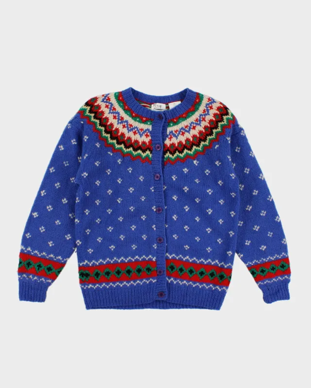 Womens Blue Fair Isle Style Hand Embroidered Cardigan - M sold by Rokit
