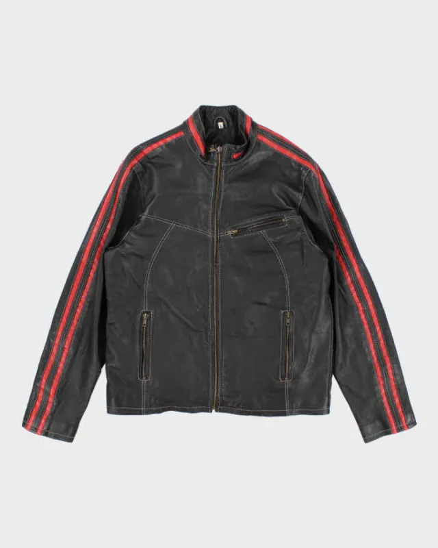 Vintage Women's Black And Red Striped Leather Moto Jacket - L sold by Rokit
