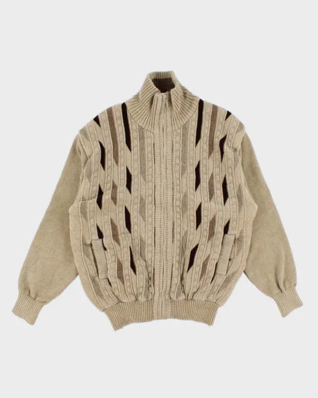Vintage Men's Cream Zip Up Patterned Cardigan - XL sold by Rokit
