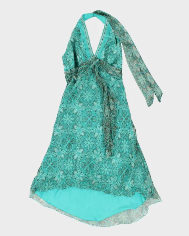 Y2k 00s Blue Pattern Halter Neck Dress - S sold by Rokit