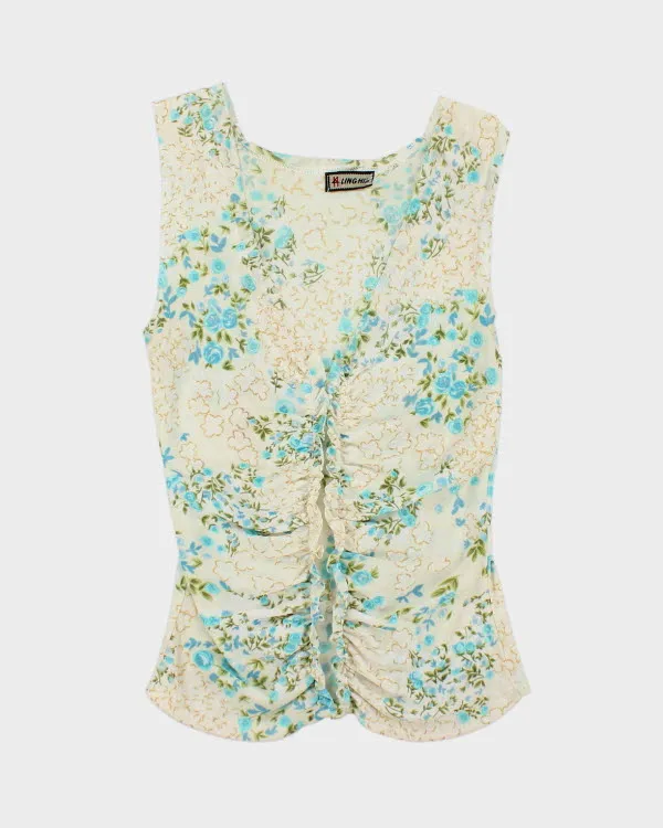 Y2k 00s Mesh Floral Ruched Top - S sold by Rokit