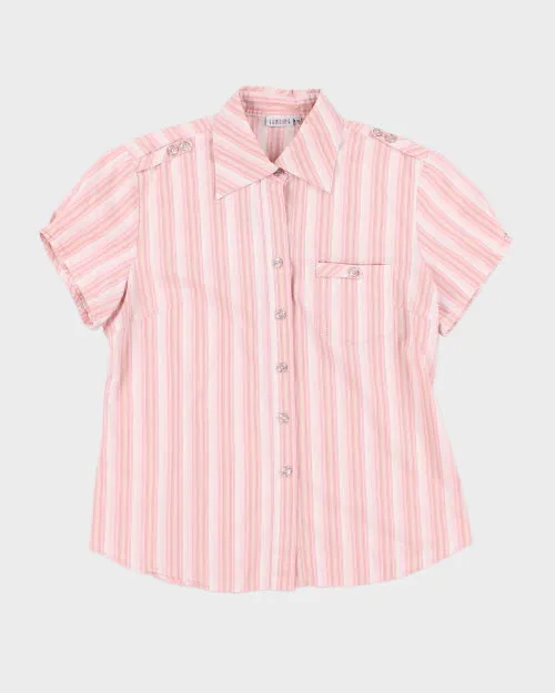 Y2k 00s Sanding Pink Stripe Blouse - M sold by Rokit