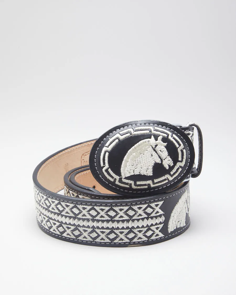 Black Leather Western Belt with Embroidery - W38 sold by Rokit