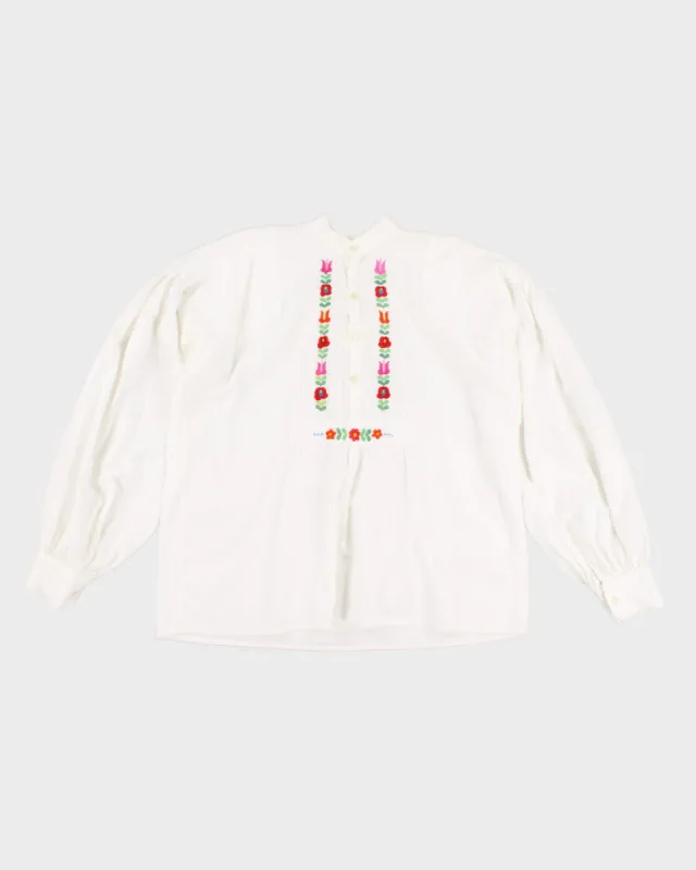 Vintage Handmade Flower Embroidered Oversized Flowy White Shirt - XXXL sold by Rokit