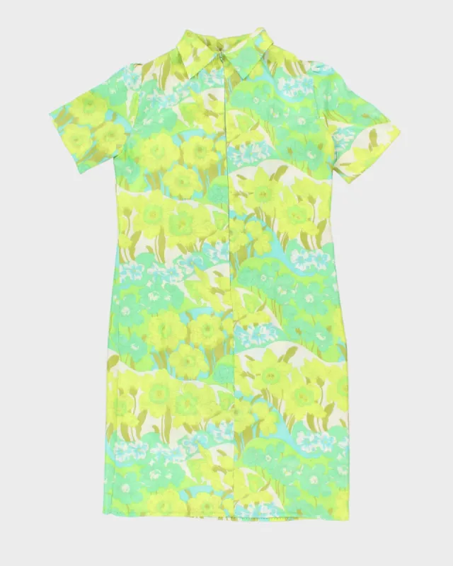 Vintage 70s Handmade Green Floral Collared Mini Dress - L sold by Rokit