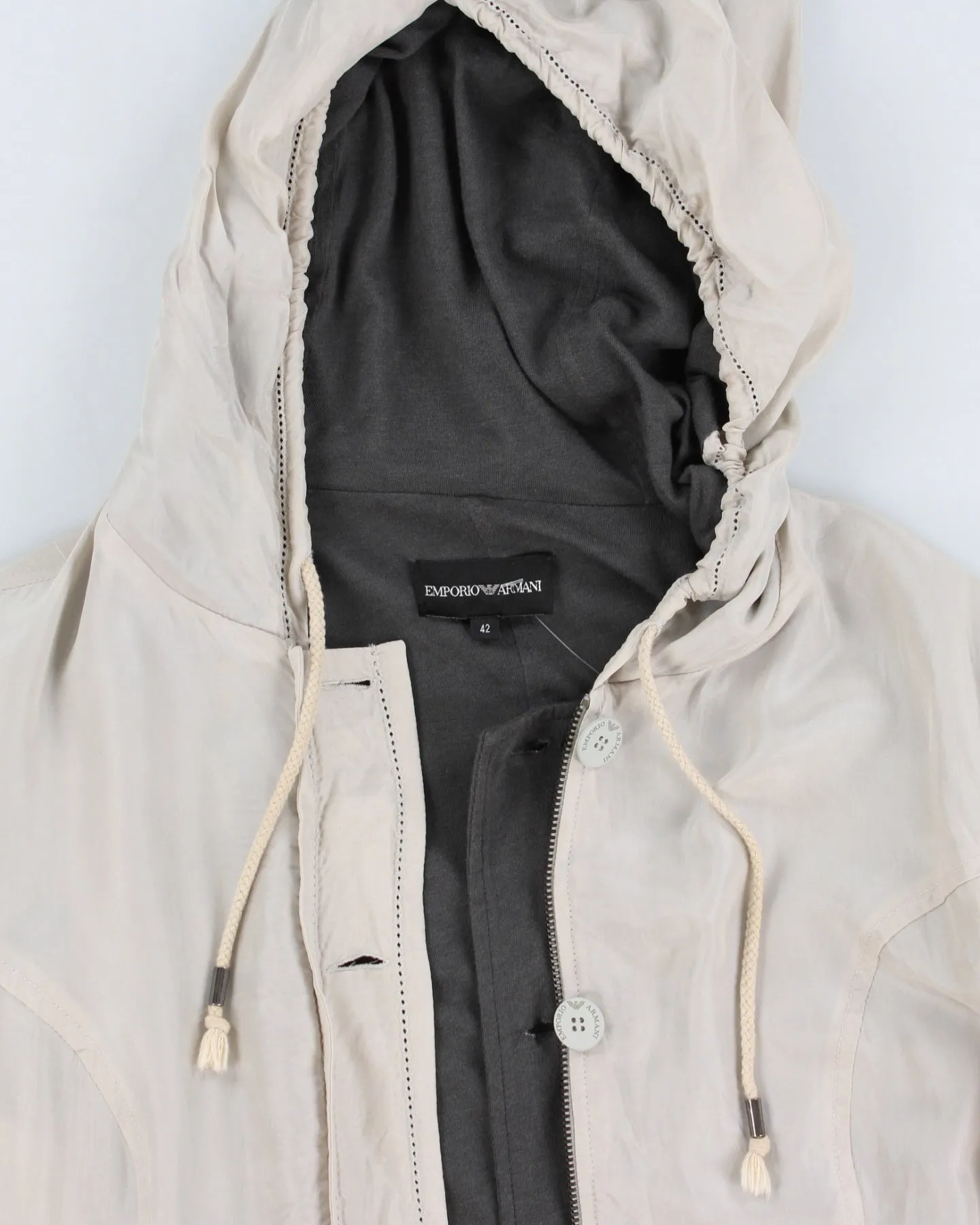 Vintage 00s Emporio Armani Beige Silk Hooded Jacket - M/L sold by Rokit product image thumbnail 3