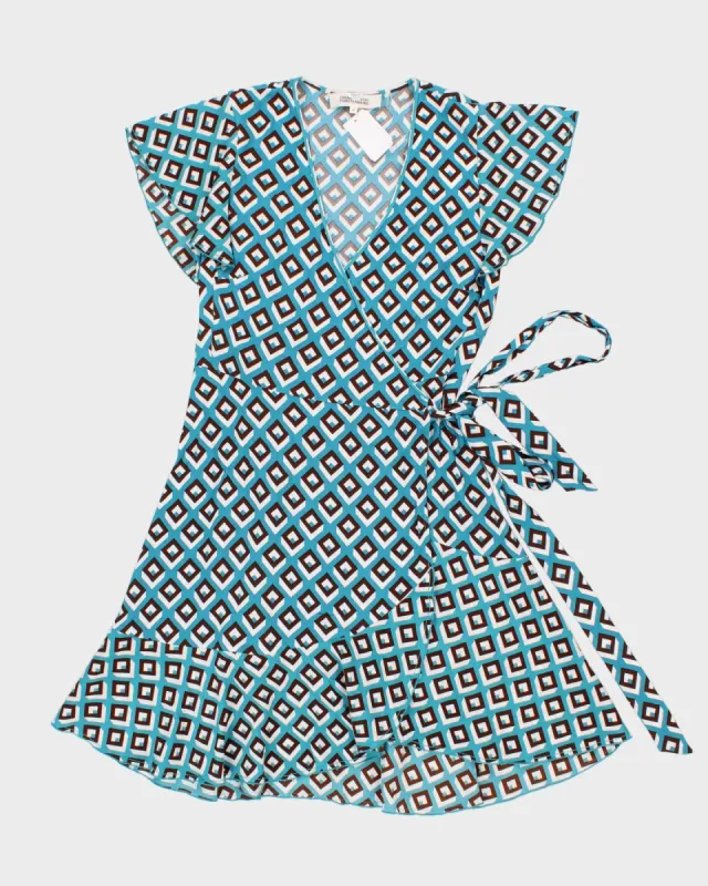 Diane Von Furstenberg Blue & Brown Geometric Print Wrap Dress - M sold by Rokit