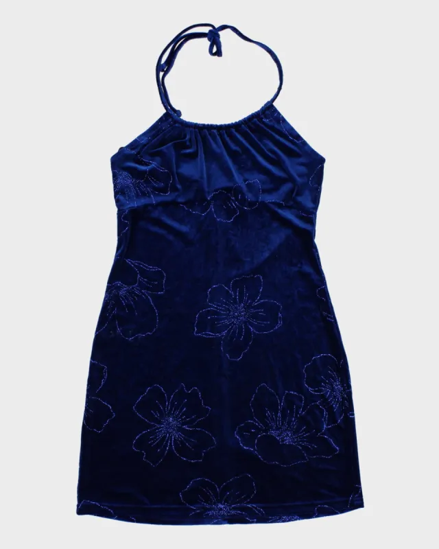 Y2K 00s Aqua Blues Blue Velvet Halterneck Mini Dresss - M made by Rokit