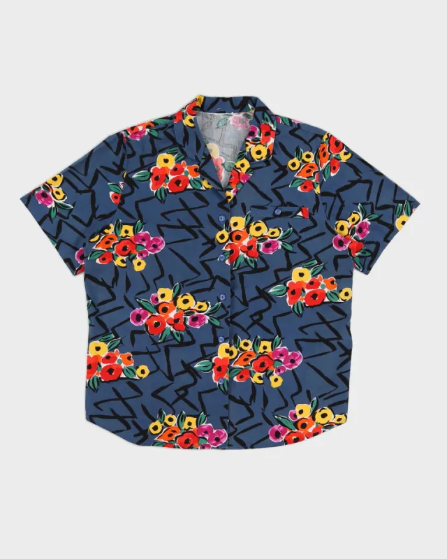 Blue Patterned Short Sleeve Blouse - M sold by Rokit