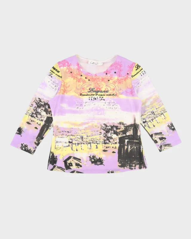 Y2K 00s Lolina Purple Printed Mesh Top With Diamante Detail - M/L sold by Rokit