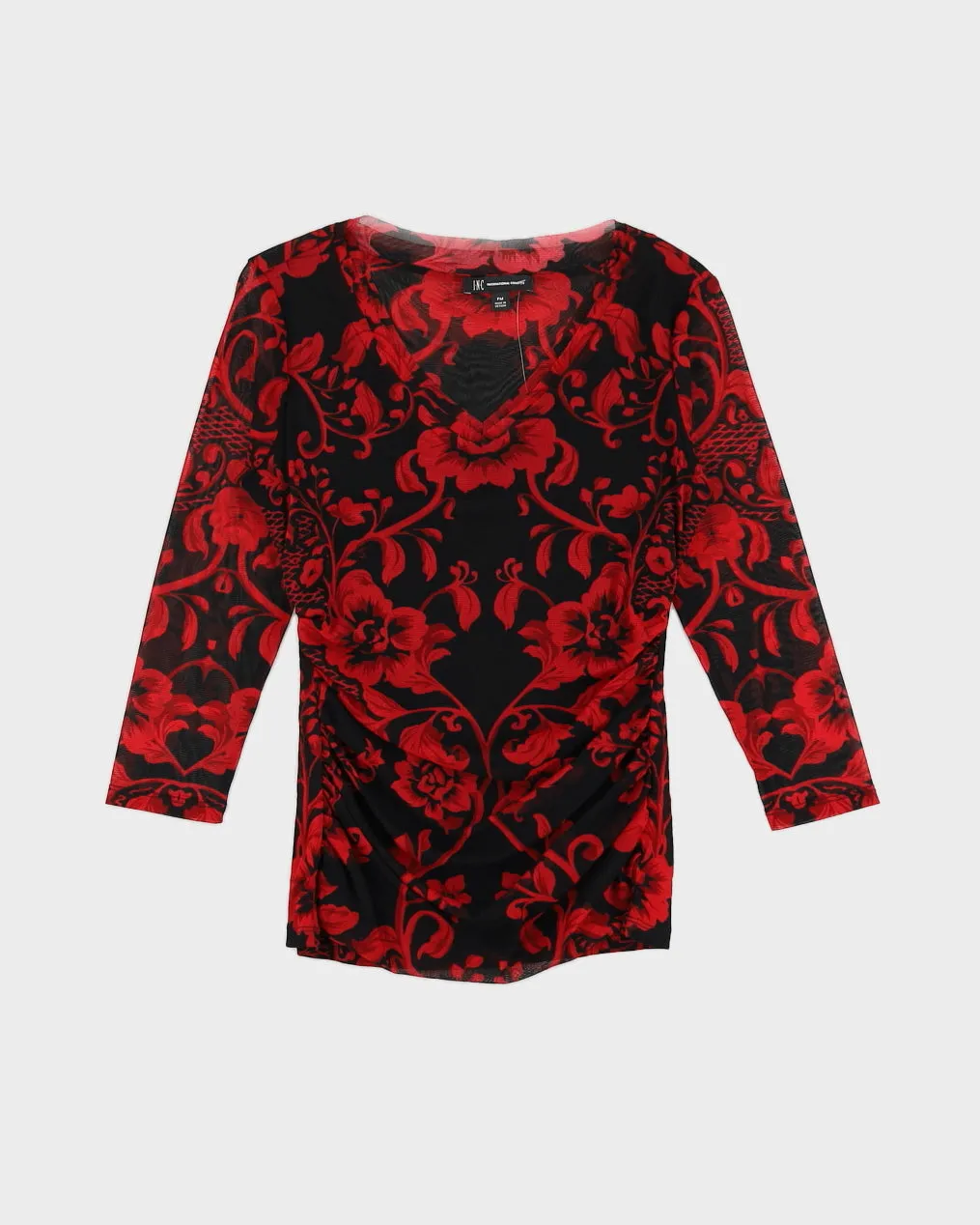 Y2K 00s INC Red Floral Ruched Side Mesh Top - M sold by Rokit