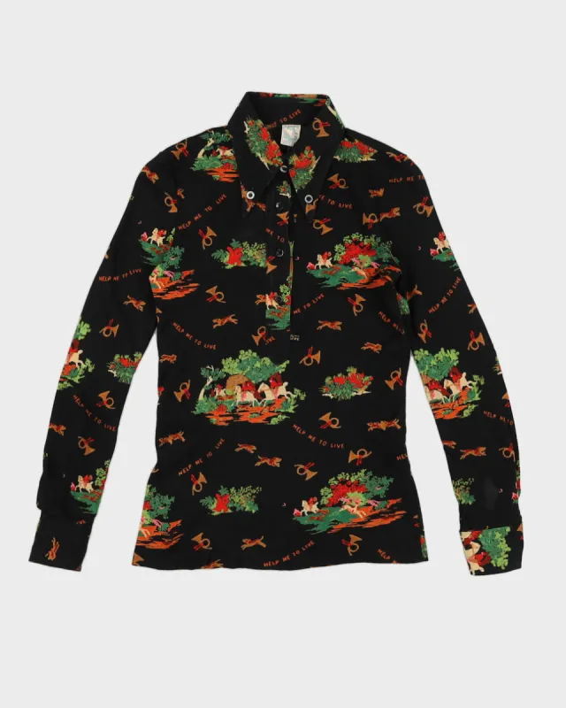 Vintage 70s Pooh Jeans Black Printed Top - M made by Rokit