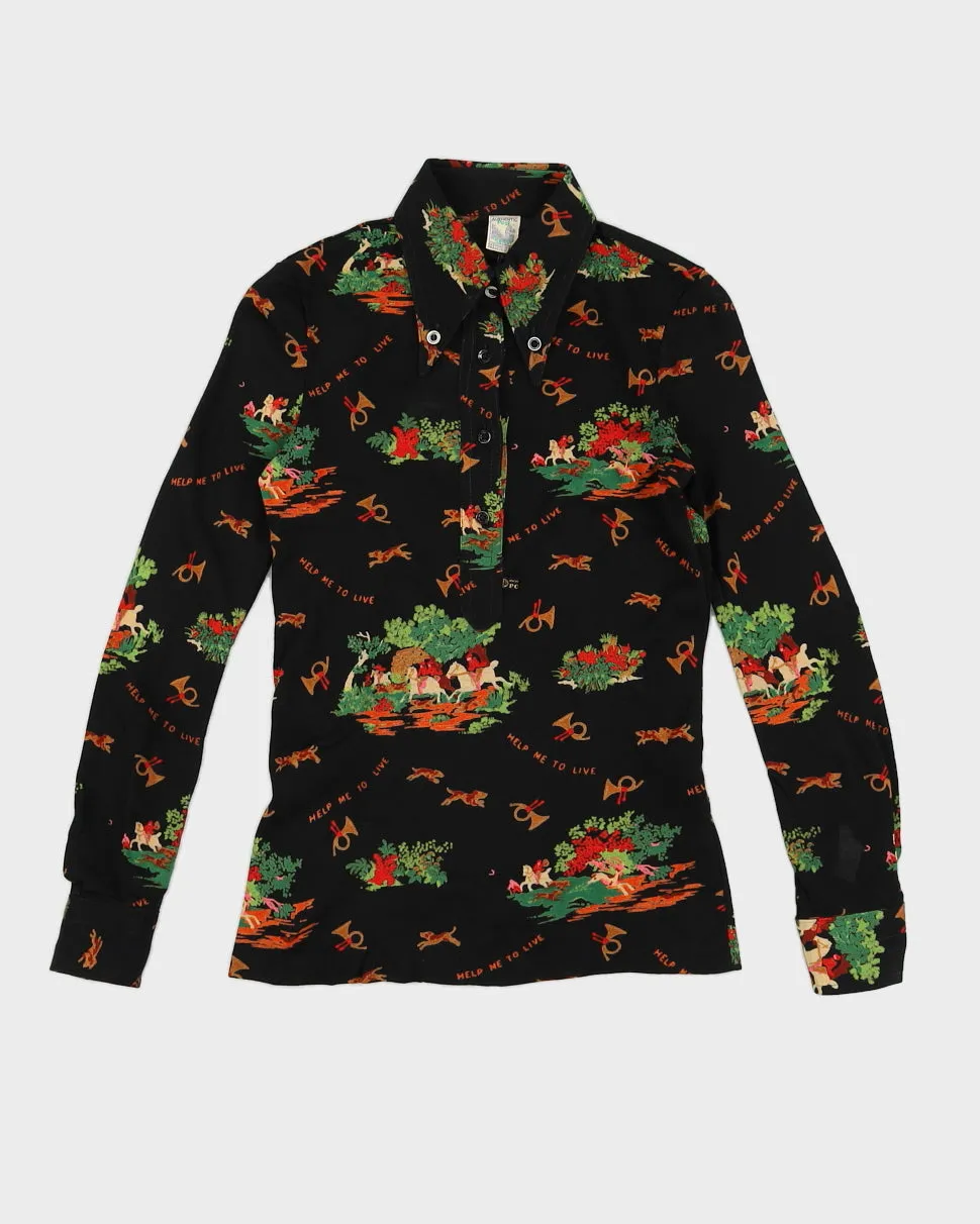 Vintage 70s Pooh Jeans Black Printed Top - M sold by Rokit