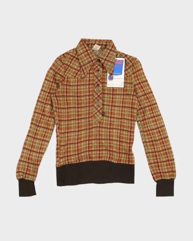 Vintage 70s Pooh Soft Line Brown Plaid Polo Top - S sold by Rokit