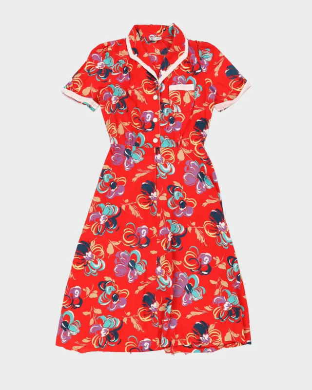 1990s Red Patterned Tea Dress - S sold by Rokit