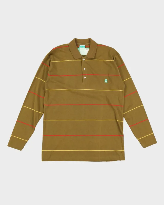 Vintage 70s Benetton Green Striped Long Sleeved Polo Shirt Deadstock With Tags - M sold by Rokit