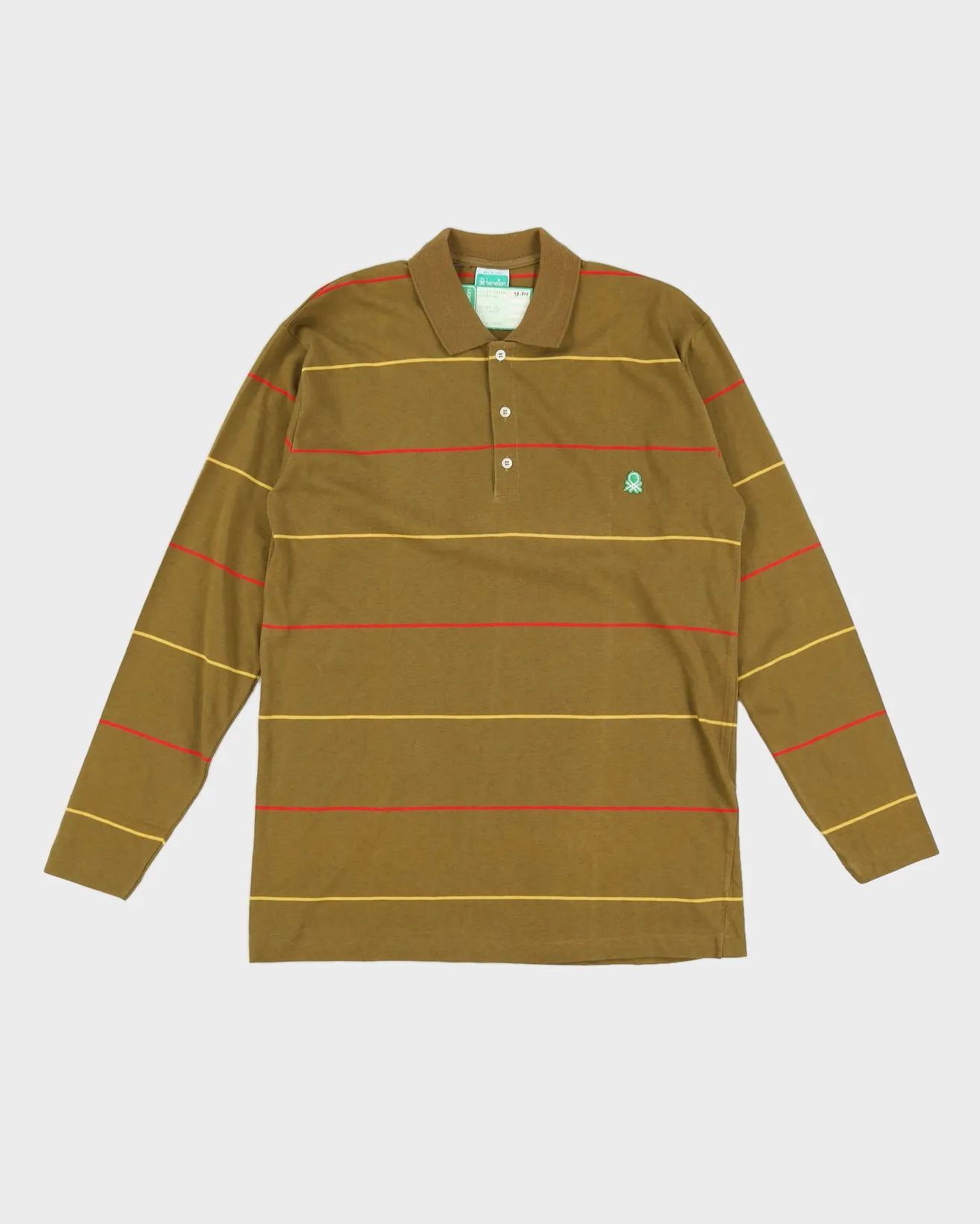 Vintage 70s Benetton Green Striped Long Sleeved Polo Shirt Deadstock With Tags - M sold by Rokit