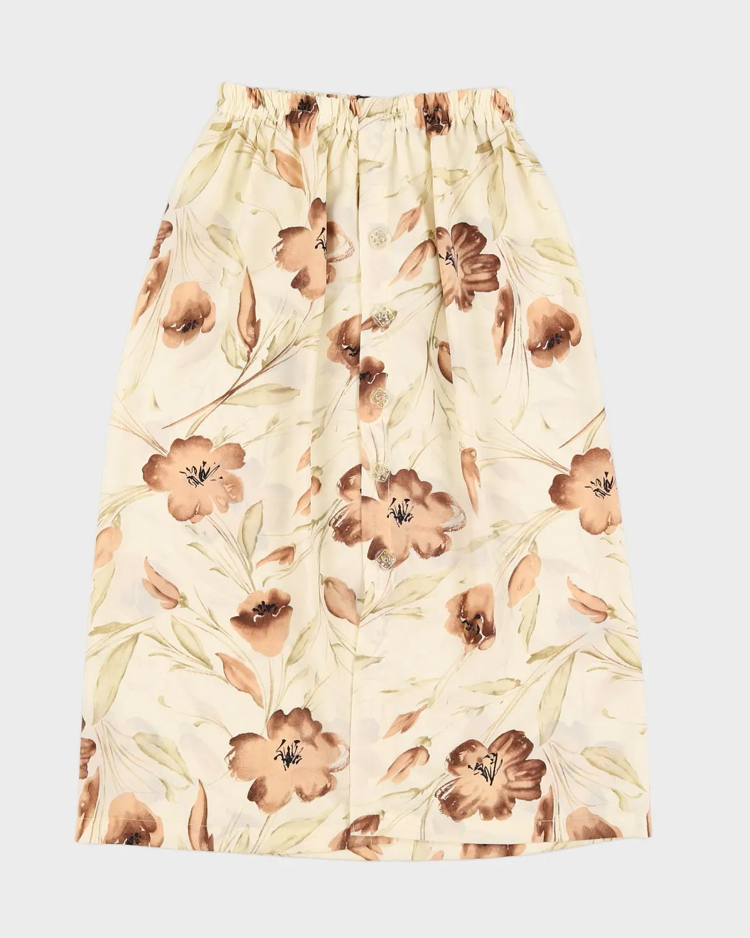 Vintage Cream & Beige Floral Button Down Skirt - M/L sold by Rokit