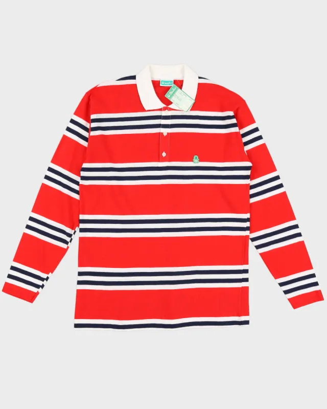 Vintage 70s Benetton Red Striped Long Sleeved Polo Shirt Deadstock With Tags - M sold by Rokit