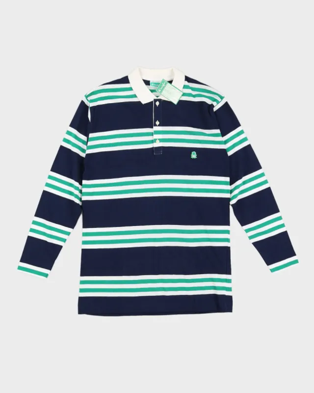 Vintage 70s Benetton Blue Striped Long Sleeved Polo Shirt Deadstock With Tags - M sold by Rokit