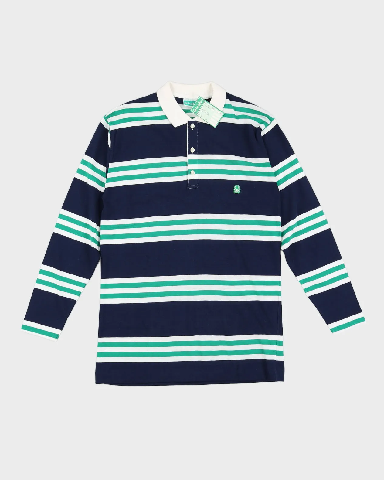 Vintage 70s Benetton Blue Striped Long Sleeved Polo Shirt Deadstock With Tags - M sold by Rokit