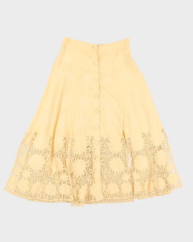 Vintage 90s Heliotrope Yellow Lace Button Down Midi Skirt - S/M sold by Rokit