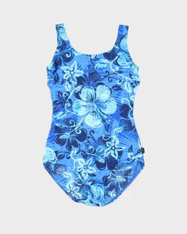 Vintage Blue Hibiscus Print Swimsuit - M sold by Rokit