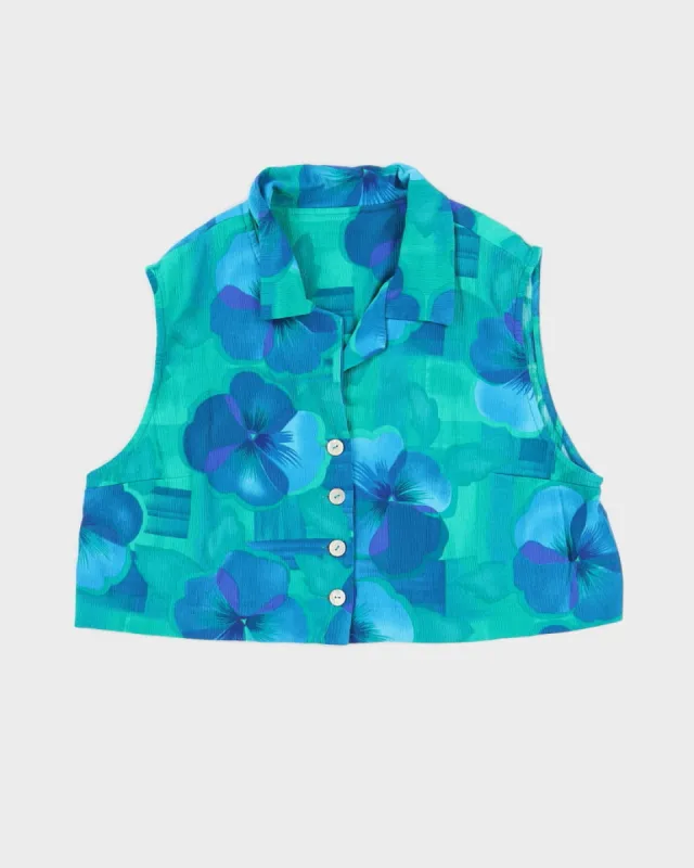 Cropped Blue Sleeveless Hawaiian Shirt - M sold by Rokit