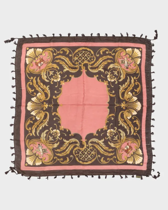 Brown And Pink Patterned Fringed Silk Scarf sold by Rokit