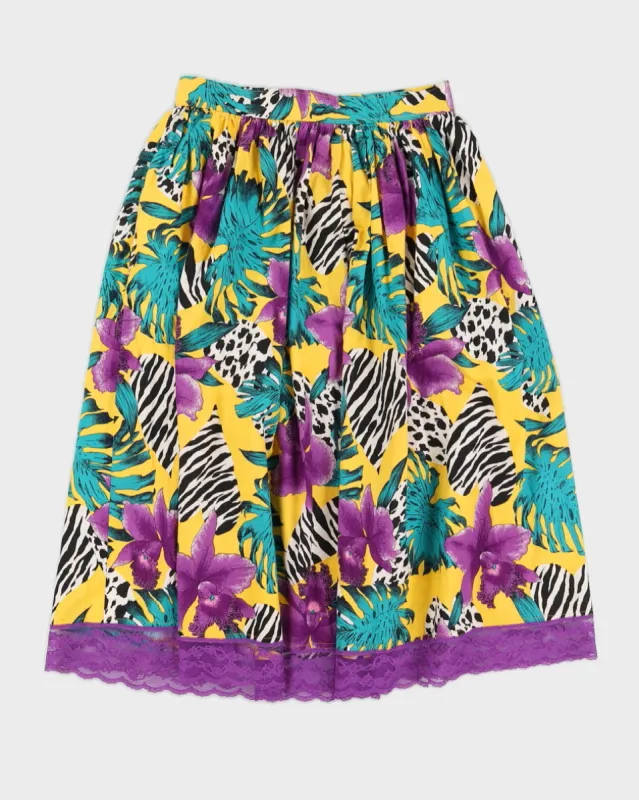 Yellow With Purple Floral Pattern Midi Skirt - S sold by Rokit