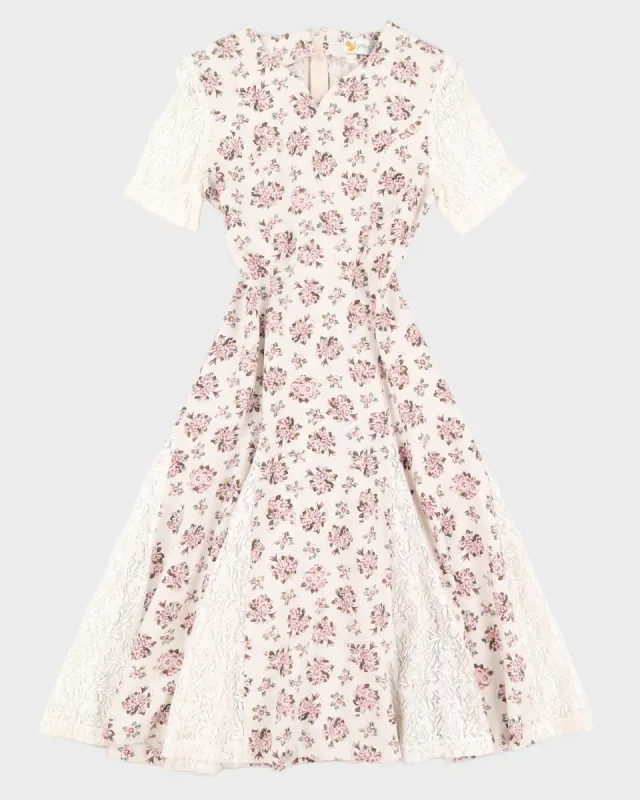 Beige With Pink Floral Pattern Midi Dress - S sold by Rokit