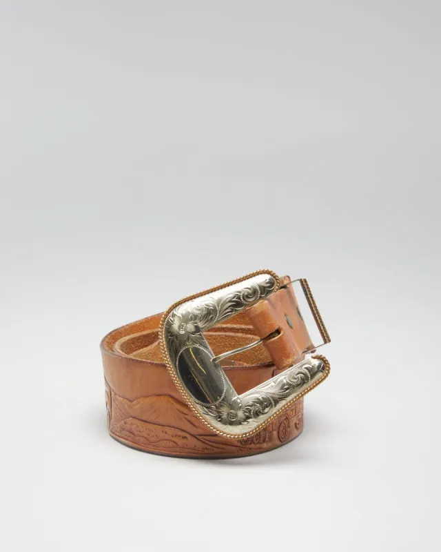 Vintage 90s Brown Leather Trucker Belt With Silver Buckle - W38 sold by Rokit