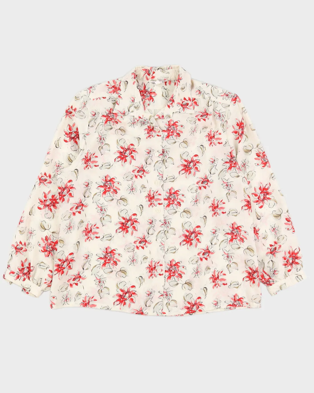 Cream With Red Floral Pattern Blouse - L sold by Rokit