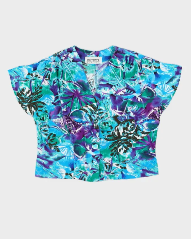 00s Turquoise Patterned Short Sleeve Blouse - S sold by Rokit