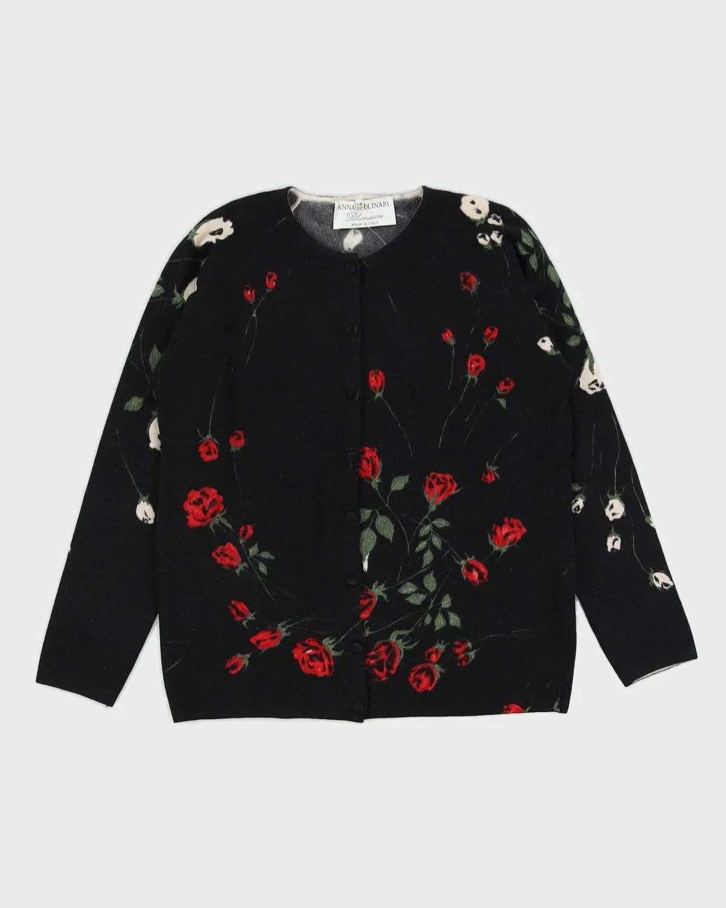 Vintage 1990s Black Button Up Cardigan with Roses - M sold by Rokit