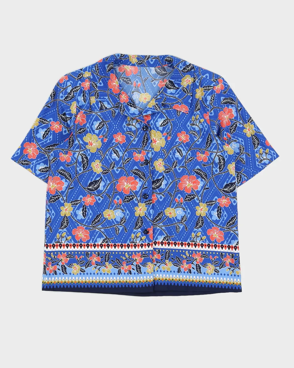 Blue Floral Patterned Short Sleeve Blouse - M sold by Rokit