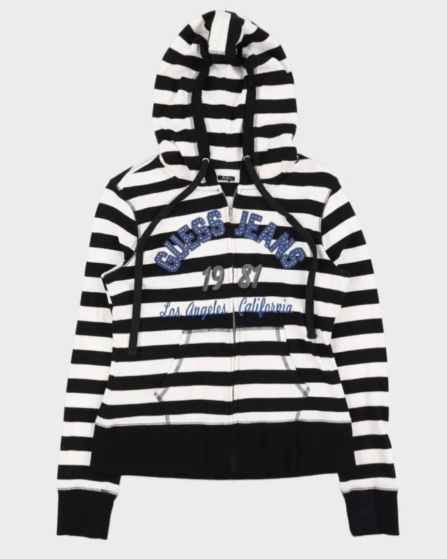00s Y2K Guess Jeans Striped Black / White Zip Up Hoodie - M sold by Rokit