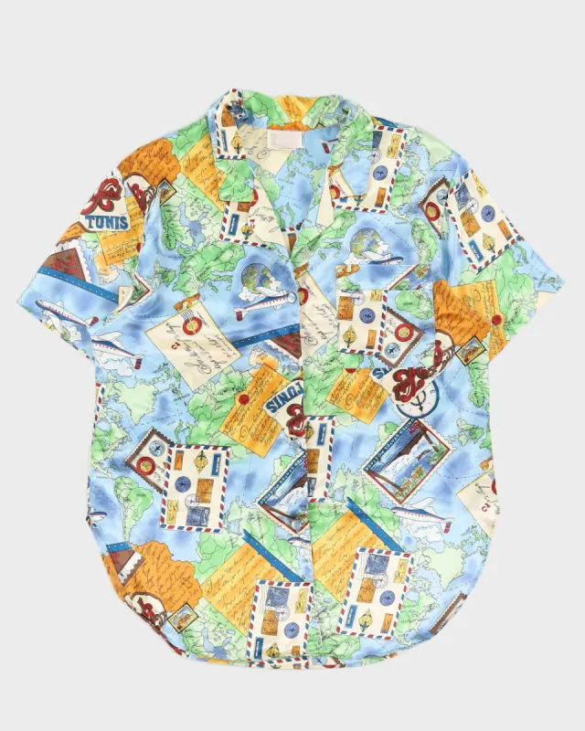 00s Blue Patterned Blouse - L sold by Rokit