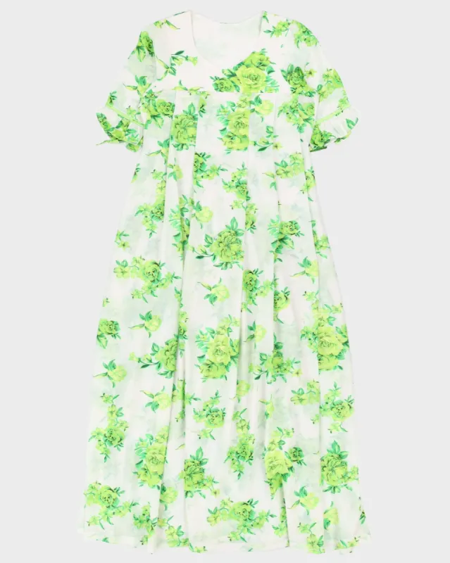 White With Green Flowers Maxi Dress - M sold by Rokit