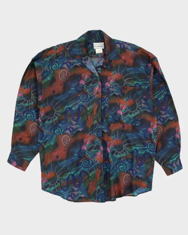 Blue Patterned Silk Long Sleeve Blouse - L sold by Rokit