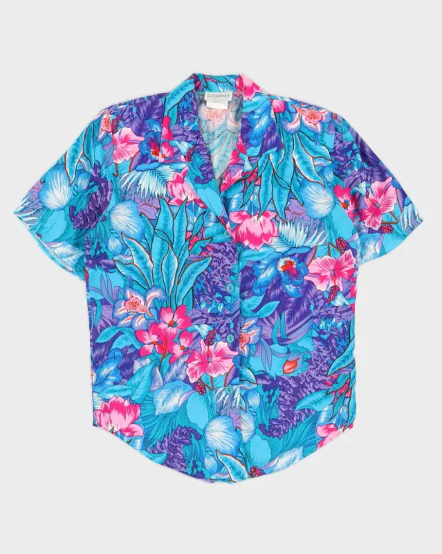 Aqua Floral Patterned Blouse - M sold by Rokit