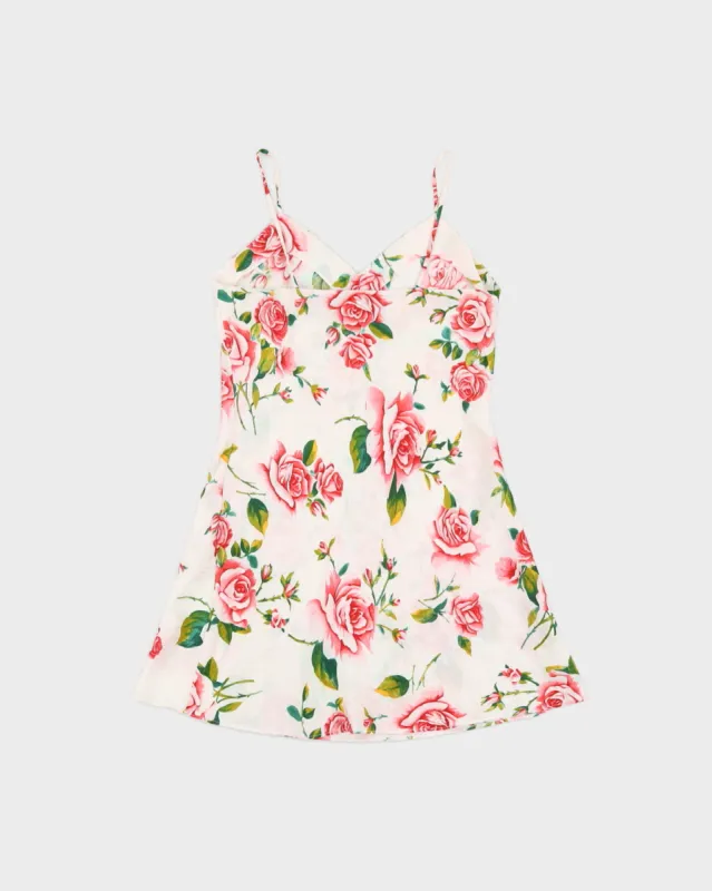 Y2K White Pure Silk Slip Dress with Red Rose Print - S sold by Rokit